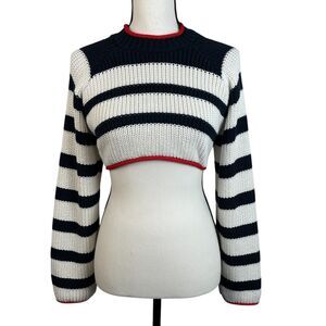 ZARA Women's Knit Sweater Medium Navy White Cropped Striped Open‑Back Nautical